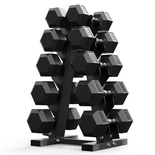 PAPABABE Hex Dumbbell Sets with Rack, 60-550lb Rubber Coated Dumbbell Weight Set and Storage Rack, Multiple Options Hand Weights for Strength Training