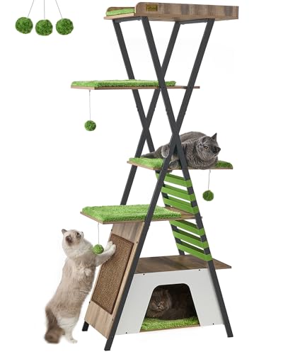 FourFurPets 72.4" Modern Cat Tower for Indoor Cats - Multi-Level Condo With Caves, Tall Tree With Scratching Board, Wooden Tower With Large Perch