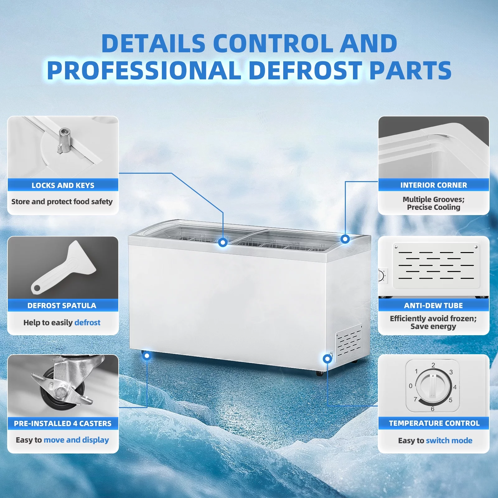 Hoccot 20 Cu.Ft Ice Cream Display Freezer Commercial Freezer 71 in. Cabinet Curved Glass Door 7 Removable Baskets White