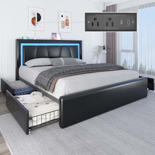 Full Size Bed Frame with 4 Storage Drawers and LED Lights, Upholstered Platform Bed with Adjustable Headboard and Charging Station