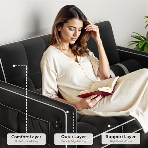 Pipishell 3 in 1 Convertible Sleeper Sofa Bed,Pull Out Couch for Living Room with USB Ports & Side Pockets,Adjustable Backrest,Velvet