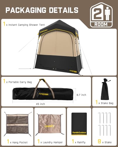 FanttikOutdoor Zeta A2 Pro Shower Tent 2 Rooms, Instant Setup in 60 Seconds with Rainfly & Windproof, Portable with Carry Bag for Family Camping