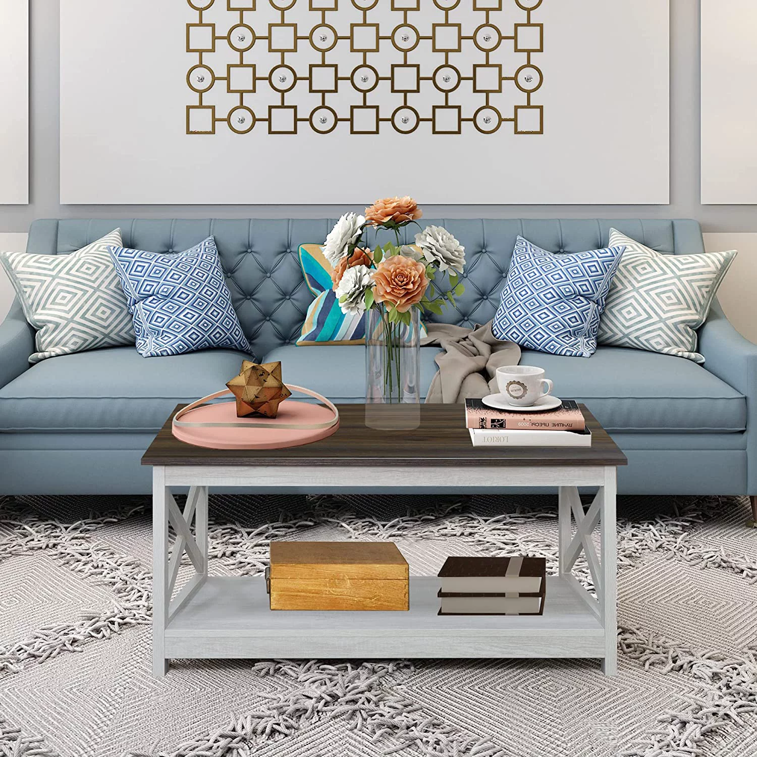 Coffee Table, Modern Farmhouse Wood Coffee Table with 2-Tier Storage, 40 Inch, Vintage White/Espresso