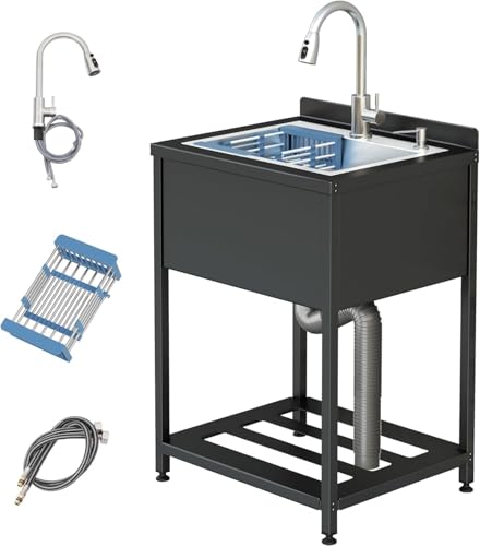 Stainless Steel Utility Sink, 30.8" × 22" × 39.5"Freestanding Sink with Cold and Hot Water Faucet,Hoses and Drain Kit for Kitchens, Bathrooms, Garage
