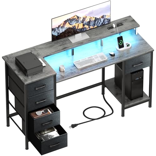 47 Inch Computer Gaming Desk with Power Outlets LED Lights Reversible Home Office with Adjustable Fabric Storage Drawers for Working Writing Study