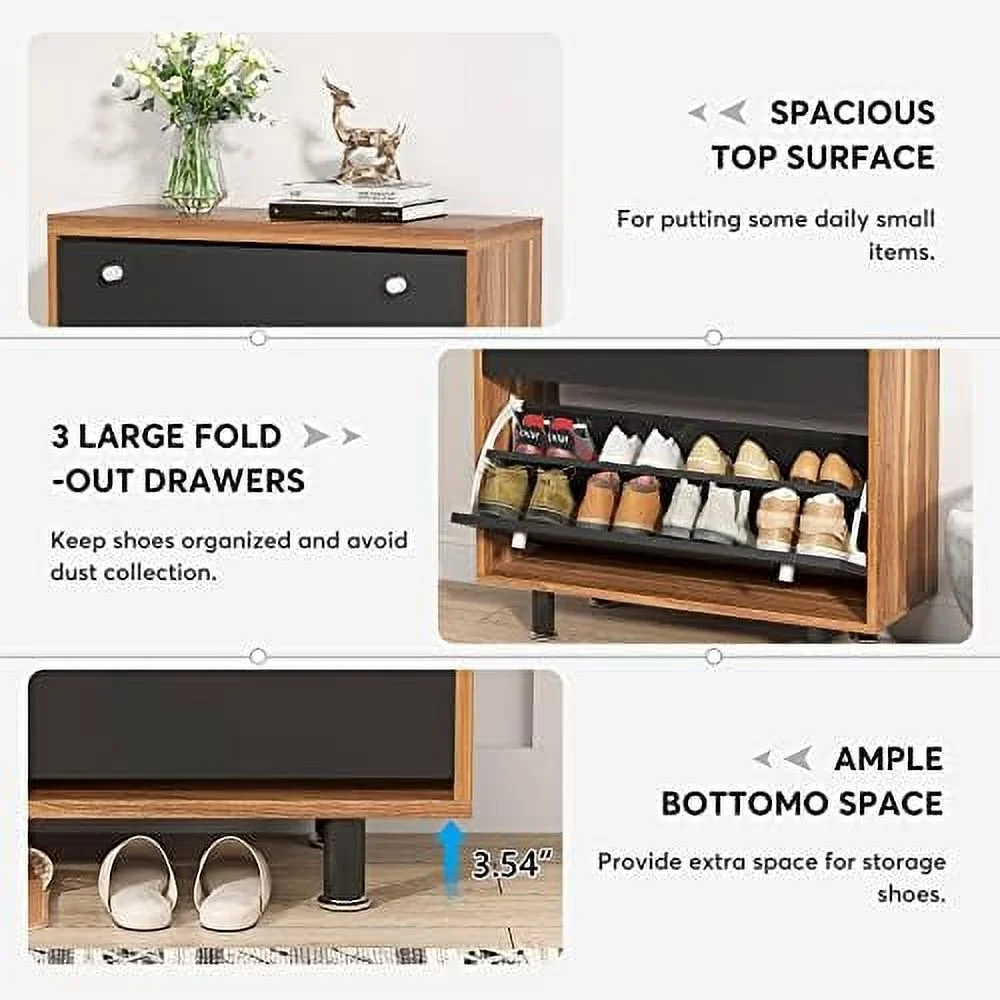 HOOMHIBIU 3 Drawer Shoe Cabinet  Freestanding Shoe Rack  Organizer with Flip Door  Modern Tipping Bucket Shoe Cabinet for Entryway  Hallway  Bedroom