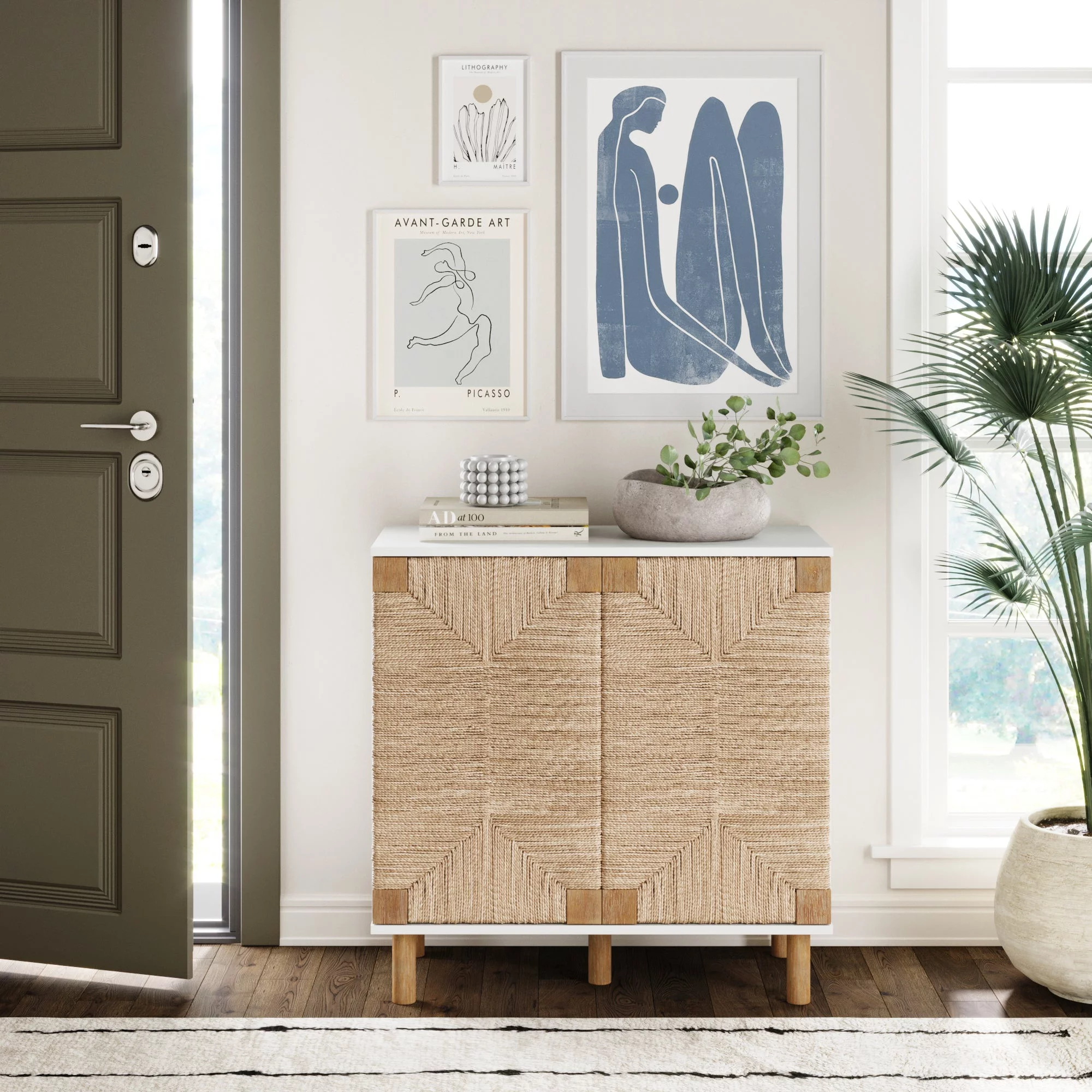 Nathan James Beacon Accent Natural Cabinet Sideboard, Storage Cabinet with Adjustable Interior Shelf and Seagrass Doors, for Hallway