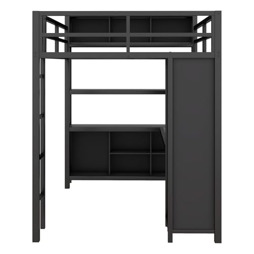 Queen Size Modern Metal Loft Bed with Wardrobe and L-Shaped Desk,Storage Cubes and Shelves,for Kids Teens Adults Bedroom Use (Black#h, Queen)