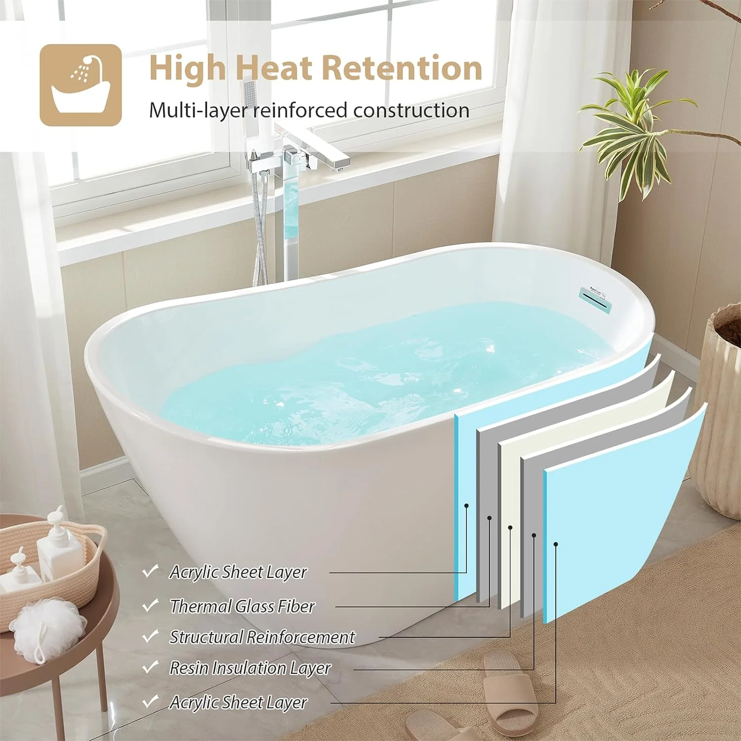 Vanity Art 55'' x 28'' Freestanding Bathtub Acrylic Soaking