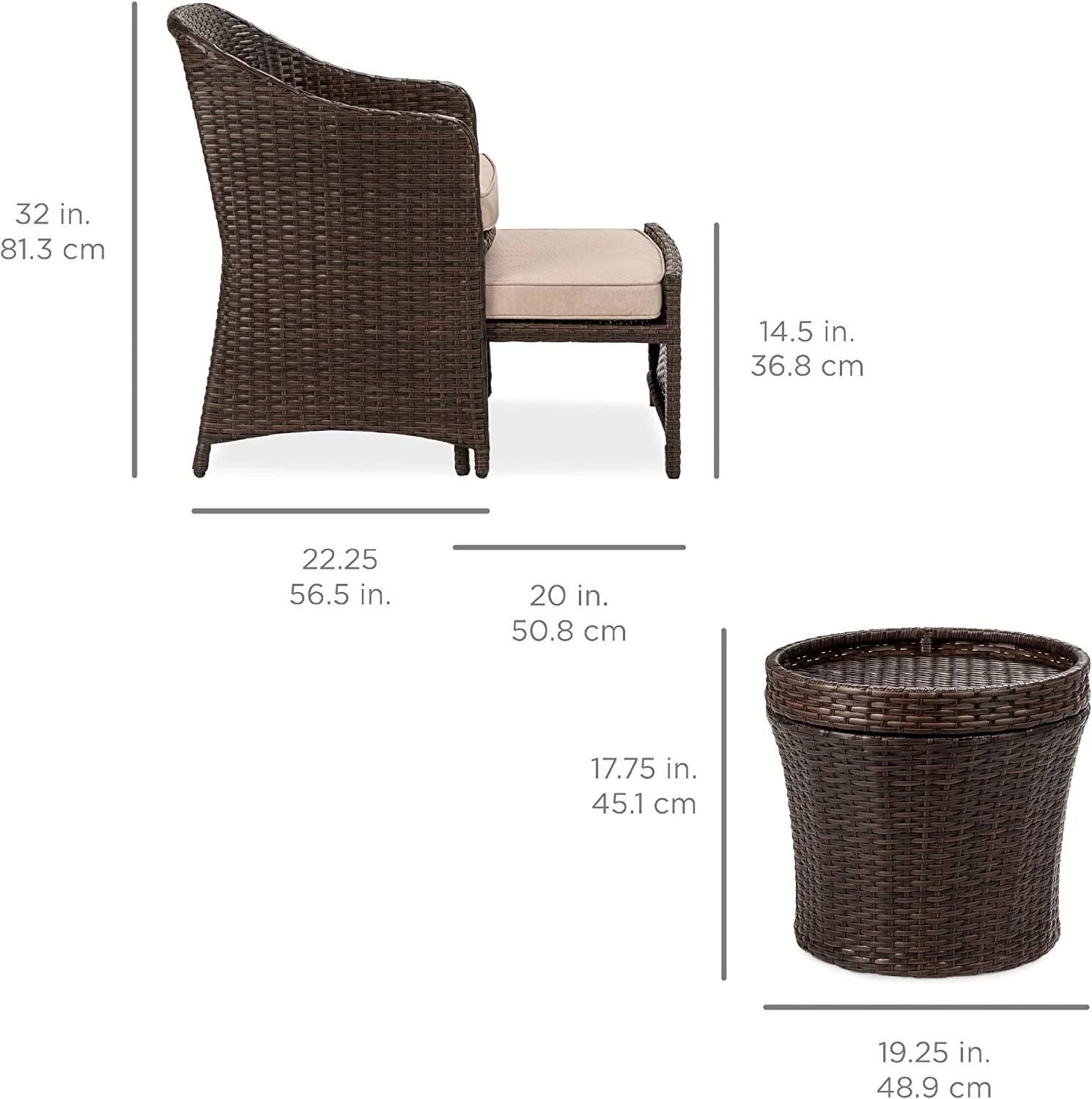 5-Piece Outdoor Patio Furniture Set, No Assembly Required Wicker Conversation Bistro & Storage Table for Backyard, Porch