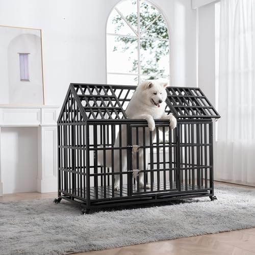 Heavy Duty Dog Crate, Indestructible Metal Dog Kennel with Pointed Roof Lockable Wheels for Medium Large Dogs