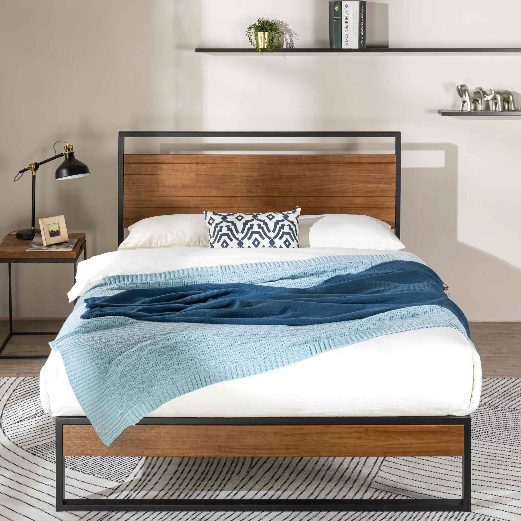 Zinus Suzanne 44" Metal and Wood Platform Bed Frame with Headboard, Chestnut Brown, Queen