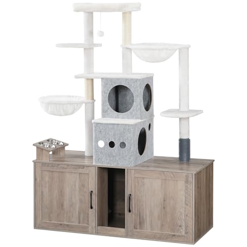 HOOBRO Cat Tree with 47.2" Dual Litter Box Enclosure, 63.4" Tall Multi-Functional Tower for Cats, Hidden Litter Box Enclosure Furniture