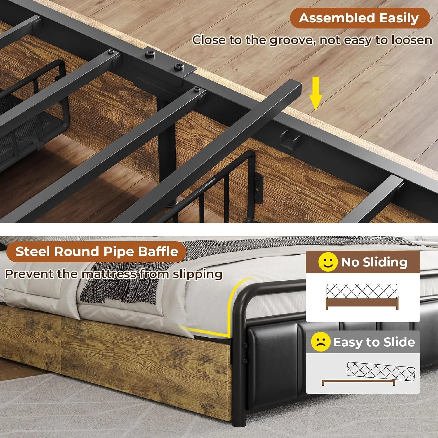 Queen LED Bed Frame with 4 Storage Drawers & Charging Station, Upholstered Headboard with Shelf & Hidden Storage Space, Heavy Steel Slat Support