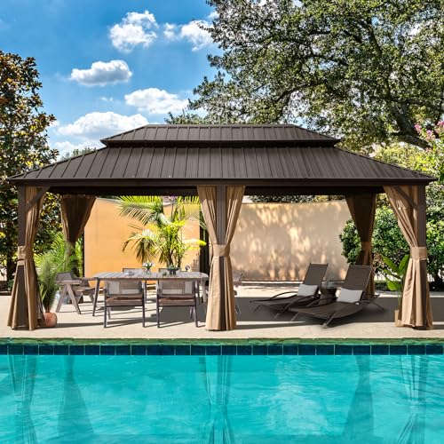 Domi 10’ x 10’ Hardtop Gazebo Metal Frame Canopy with Netting & Curtains