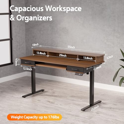 48x24 Inches Electric Standing Desk with 2 Drawers, Height Adjustable Stand up Desk for Home Office, Ergonomic Sit to Stand Table with Storage Shelf