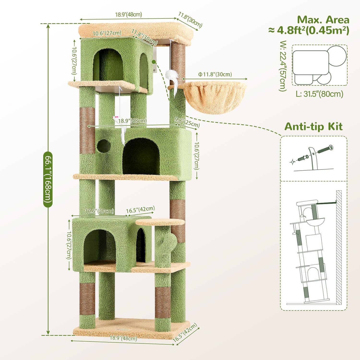 Corner Cactus  Tree 66 inch Multi-Level Cactus Climbing Tower Kitty Condos   Tower for Indoor Multiple Cats with Large Platform, 3  Caves, F66,