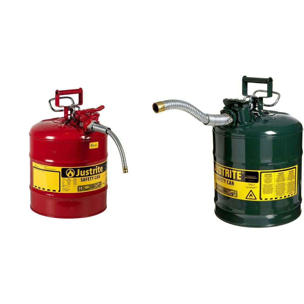 Justrite 5 Gallon Red AccuFlow Galvanized Steel Type II Vented Safety Can With Stainless Steel Flame Arrester And 1" Metal Hose (For Flammable