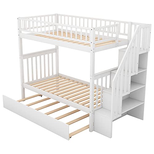 Twin-Over-Twin Bunk Bed with Trundle and Storage Staircase, Solid Wood 3 in 1 Twin Size Stairway Bunk Bed with Trundle, White