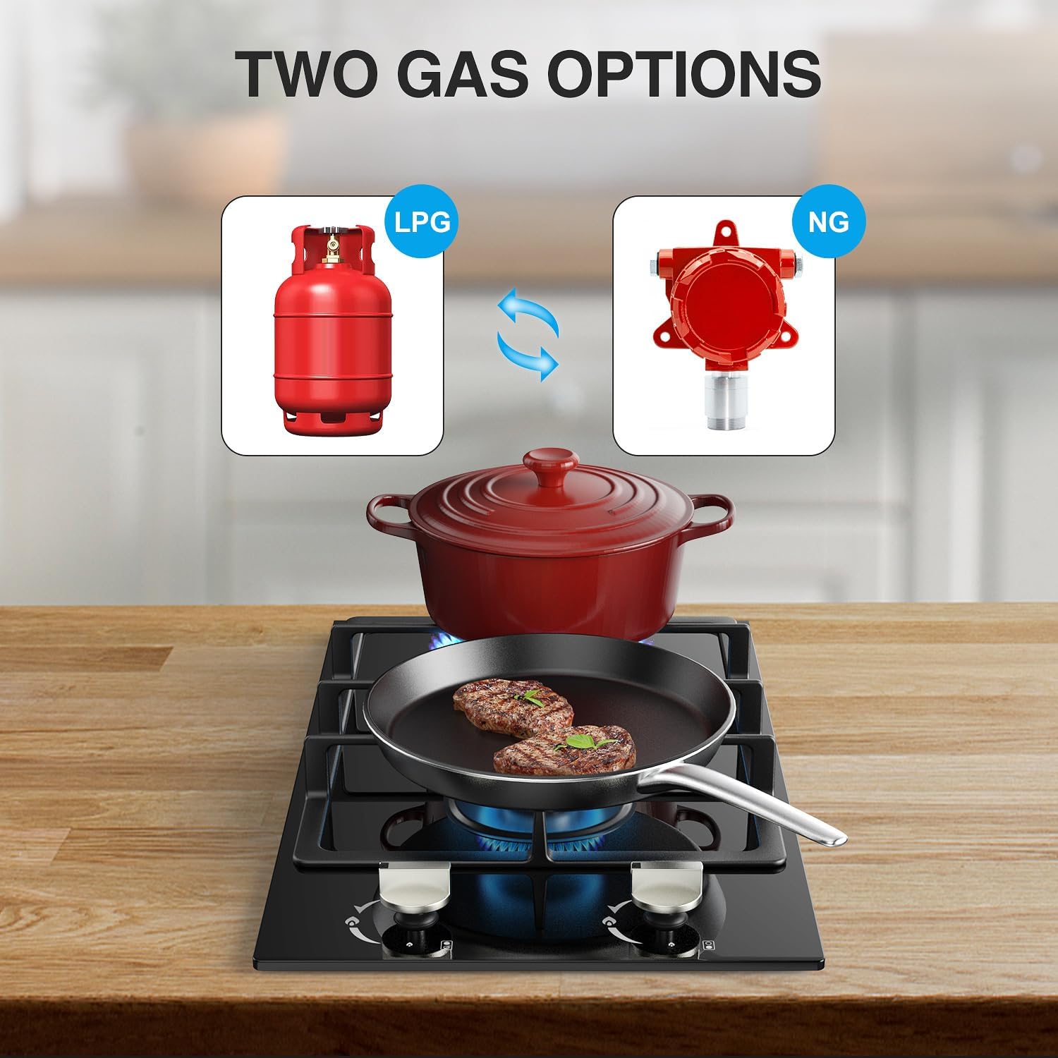 Gas Stove Gas Cooktop 2 Burners 12 Inch,ANHANE Portable Stainless Steel Built-in Gas Hob, LPG/NG Dual Fuel Easy to Clean for RVs, Apartments, Outdoor