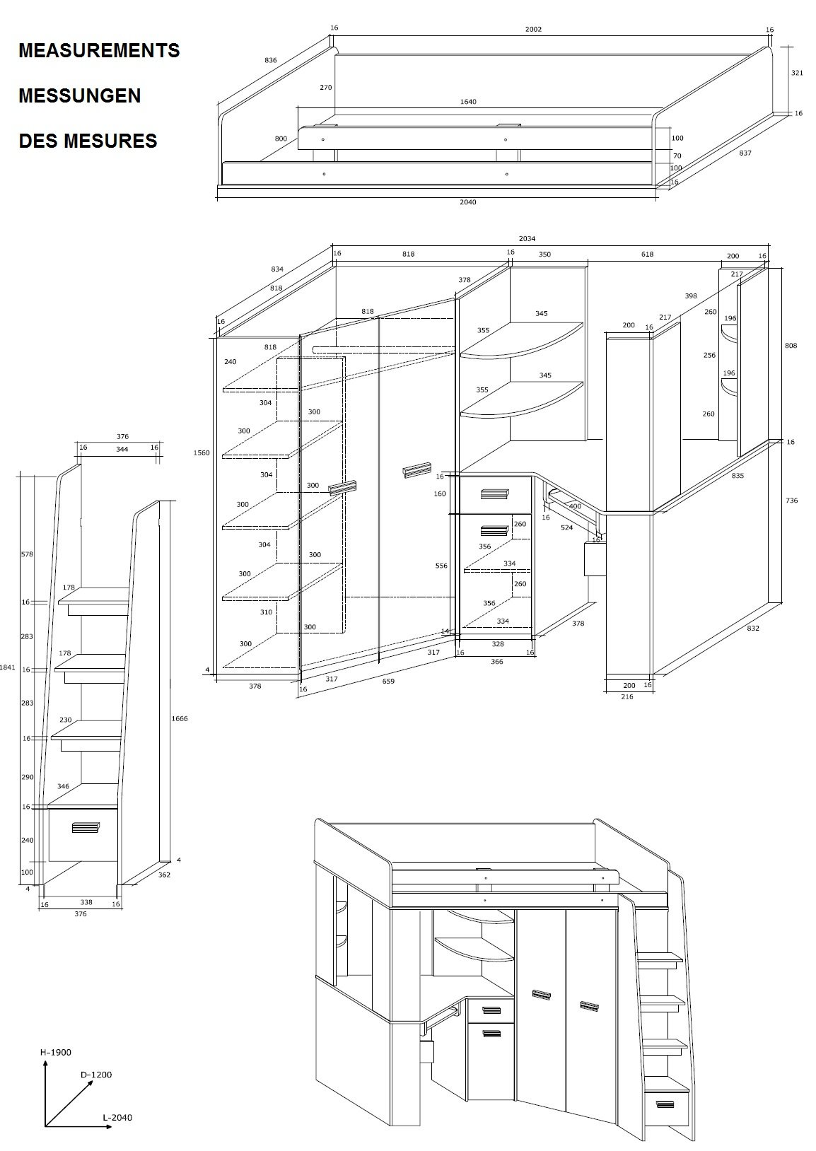 【Furniture】High Sleeper/Bunk Bed - All In 1 Right or Left Hand-side Stairs - Kids/Children Furniture Set