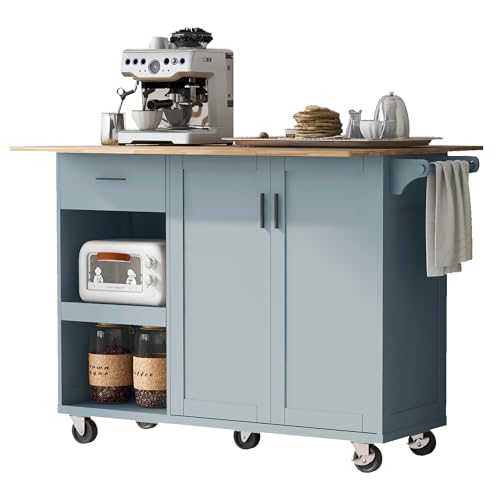 55.7'' Large Kitchen Island with 2 Drop Leaf, Rolling Kitchen Cart on 5 Wheels with Power Outlet