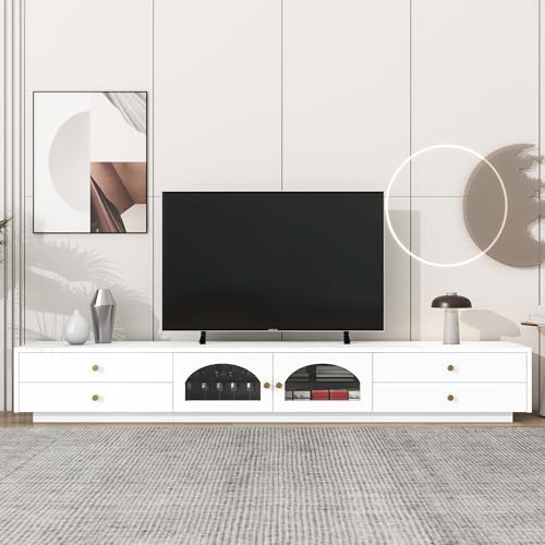 Luxury Minimalism Stand 85",TV Table with Open Storage Shelf, Entertainment Center with Cabinets and Drawers, Practical Media Console for Living Room