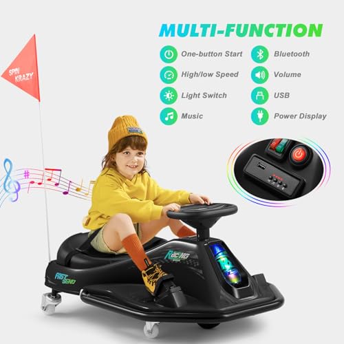360 Degrees Rotating Ride On Drift Car and 2 Replacement Universal Wheels, 24V Electric Drifting Go Kart for Kids W/Brushless Motor, High/Low Speed
