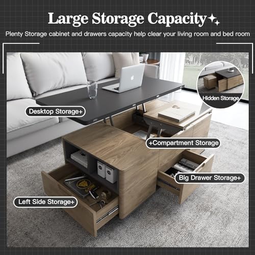 Multifunctional Lift-Top Coffee Table with 4 Stools, 3-in-1 Center Table, Space Saving Folding Dining Table,Lifting Coffee Table for Living Room