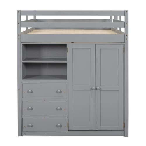 Full Size Loft Bed with Desk & Wardrobe, Solid Wood Kids Loft Bedframe w/3 Storage Drawers & 2 Shelves, Maximum Space Design, for Bedroom, Dorm, Gray