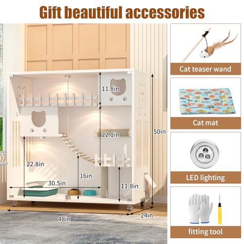 Enclosed Cat Condo, Large Space Cat Cage with Scratching Post, Wooden Indoor/Outdoor Cat Enclosure, Multi-Feature Cat Houses Ventilation Glass Doors