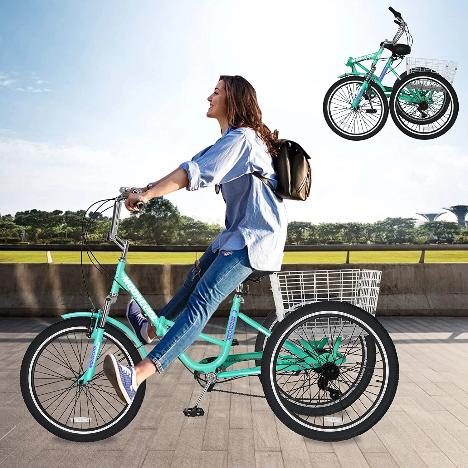 MOONCOOL Adult Folding Tricycle for Adults, 7 Speed 20/24/26 inch 3 Wheels Bikes with Basket, Foldable Tricycle for Adults, Women, Men, Seniors