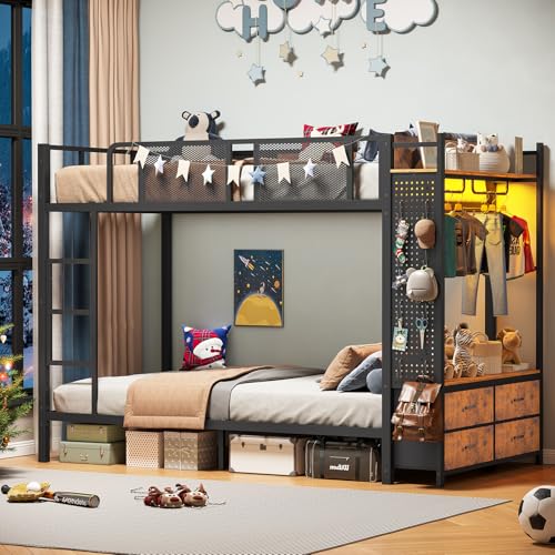 Itaar Metal Bunk Bed Twin Over Twin with Hall Tree, Power Outlet, LED Bunk Bed with 4 Storage Drawers, Bed with Safety Guardrail & Ladders