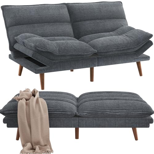 Pipishell Convertible Futon Sofa Bed,66" Corduroy Futon Couch with Adjustable Backrest and Armrests, Recliner Sleeper Sofa for Small Spaces