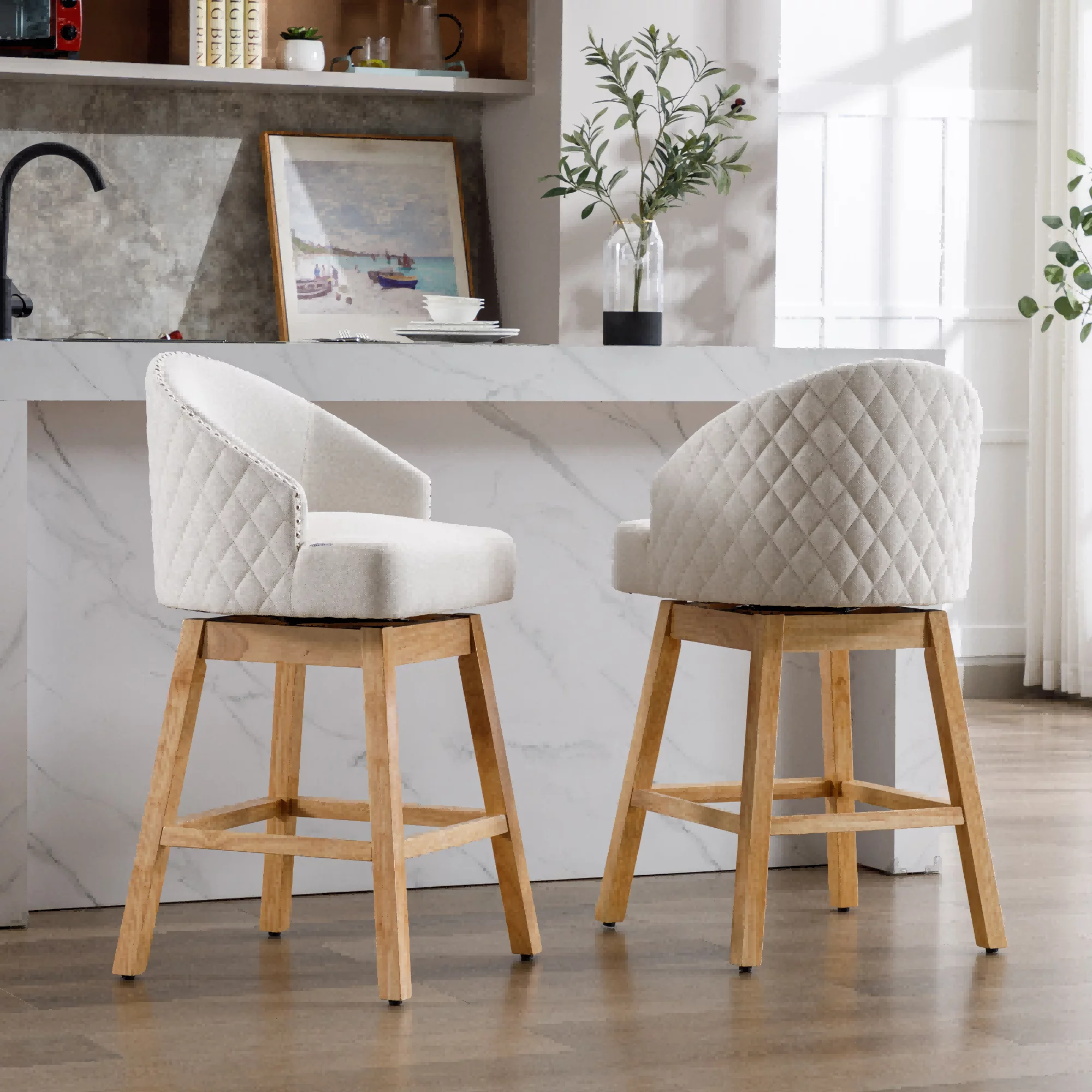 360 Degree Swivel Bar Stools, Counter Height Barstools, Modern Upholstered Bar Stools with Nailhead Trim Bar Chairs, 27 Inch Kitchen Island Bar Chair