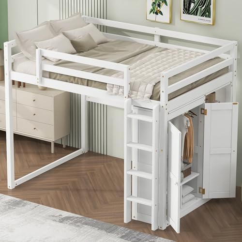 Harper & Bright Designs Full Size Loft Bed with Desk, Storage Shelves and Drawers, Solid Wood Loft Bed Frame with Built-in Wardrobe, Walnut