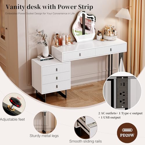 Makeup Vanity Desk with Cloud Lighted Mirror with Power Outlet and LED Strip, 3 Color Lighting Modes with Adjustable Brightness