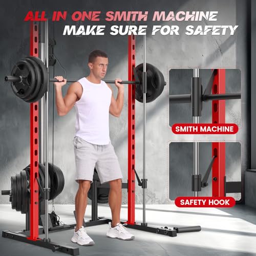 Smith Machine with LAT-Pull Down, Multi-Functional Smith Machine, Power Cage with Cable Crossover, Squat Rack with Landmine, Barbell Bar