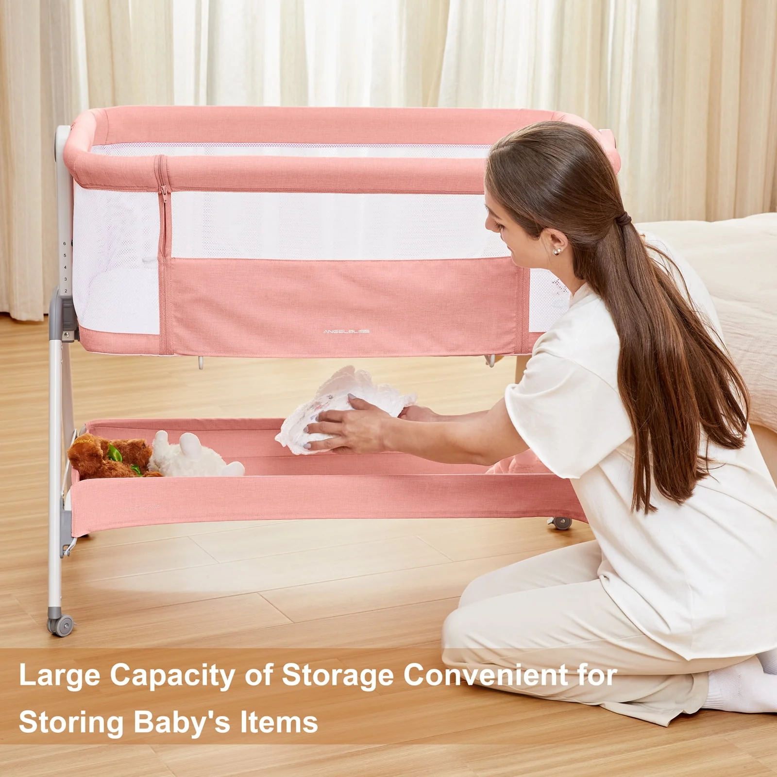 ANGELBLISS Flat Bedside Bassinet with Storage Basket, Easy Folding Portable Crib with Wheels, Included Breathable Mesh