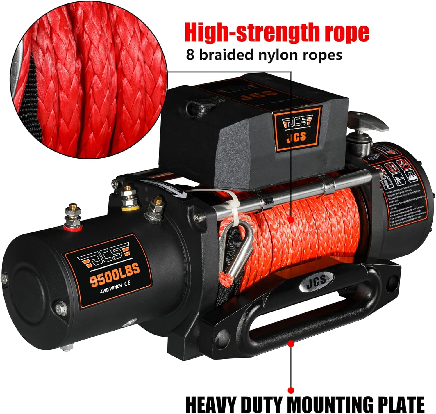 JCS 9500 lbs Electric Winch 12V Winch Synthetic Winch Rope Electric Winch Kit Winch Cover Waterproof Hawse Fairlead