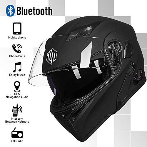 ILM Bluetooth Motorcycle Helmet Modular Flip up Full Face Dual Visor Mp3 Intercom FM Radio DOT Model 902BT(Matte Black, Large)