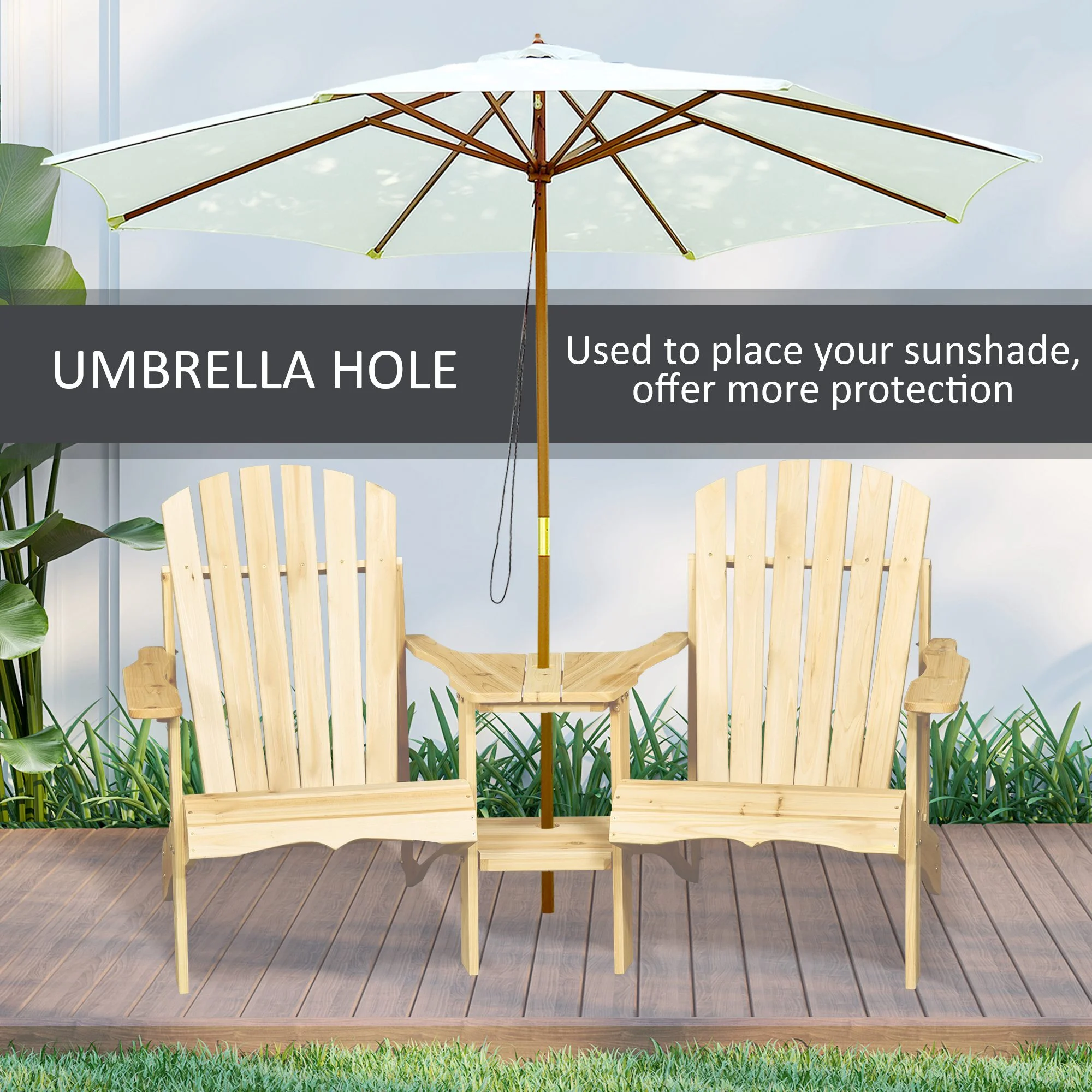 Outsunny Outdoor Tete-A-Tete Bench Wood Adirondack Chair with Center Table