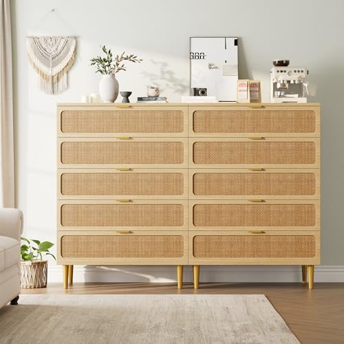 Rattan 5 Drawer Dressers for Bedroom, Tall Dresser with Deep Drawers, Large Chest of Drawers for Closet with Wide Top