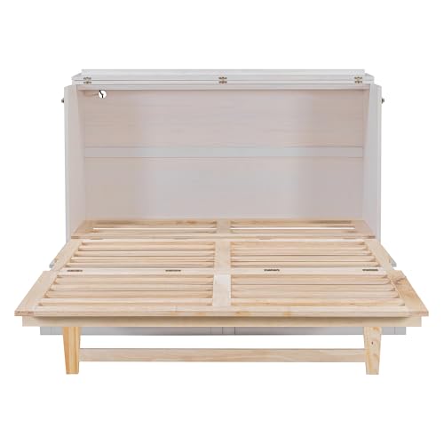 Merax Queen Murphy Bed Cabinet with Storage Drawers, Wood Folding Wall Bed with Charging Station, Space-Saving Bedframe for Bedroom, Guest Room