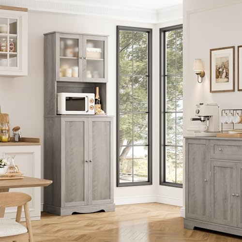 HOSTACK 71'' Pantry Cabinet, Tall Storage Cabinet with Microwave Stand, Freestanding Kitchen Hutch with Doors and Adjustable Shelves