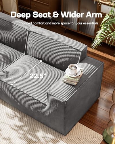 Marsail 111" L-Shape Sofa, Modular Cloud Couches with Deep Seats & High-Back, Corduroy Sectional Sofa for Living Room Bedroom with Ottoman