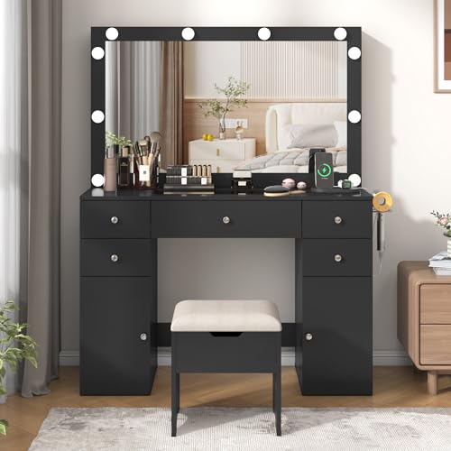 Vanity Desk with Lighted Mirror & Power Outlet, Makeup Vanity Table with 5 Drawers & 2 Cabinets, Large Vanity Set with Stool, Glass Top