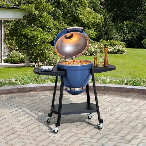 Sunjoy Charcoal Grill 20-Inch Kamado Grill with Pizza Stone, Ultimate Outdoor BBQ Egg Grill and Smoker with Wheels, Navy