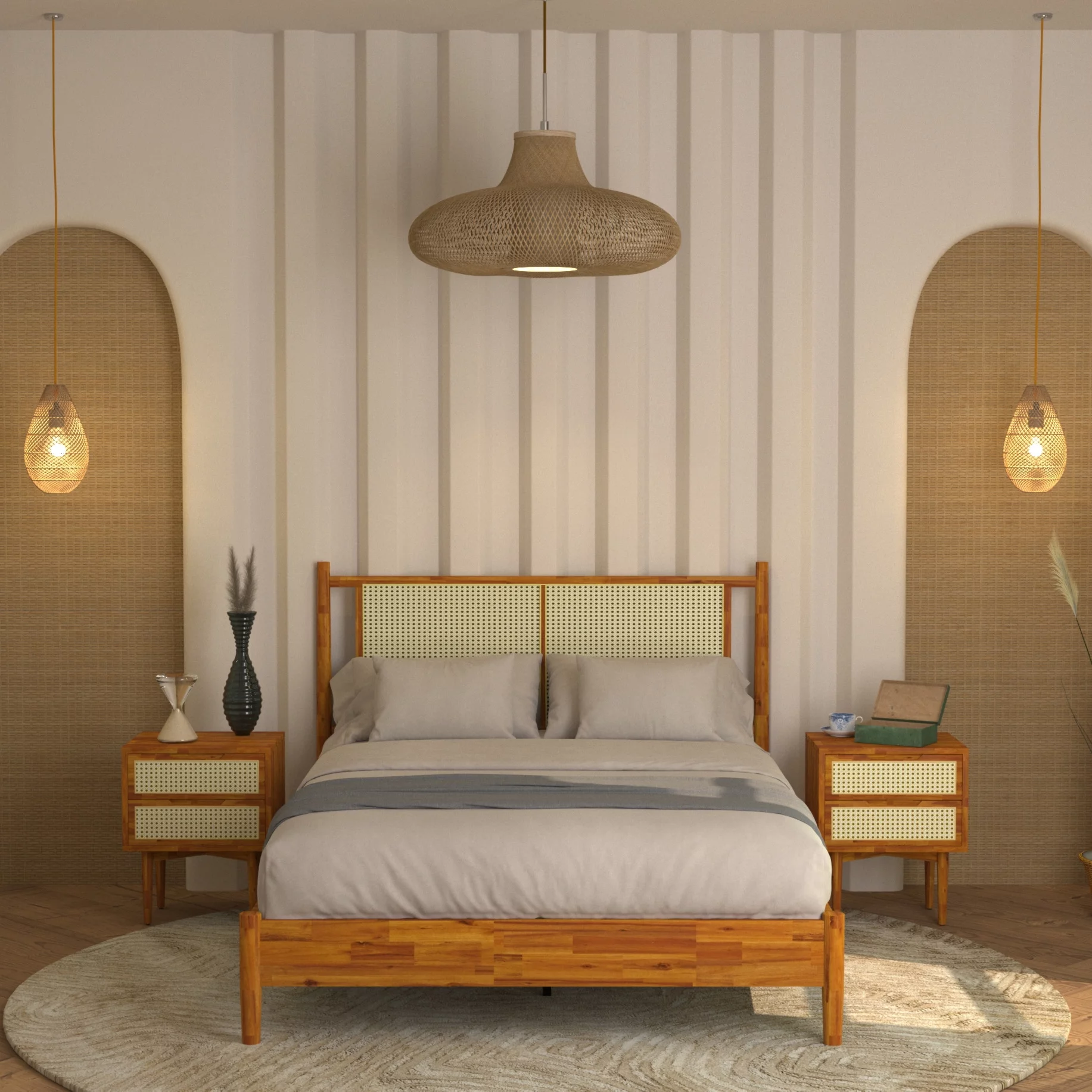 BME Asher 47" Queen Platform Bed Frame, Rattan Headboard, Mid Century and Boho, Solid Wood, Caramel