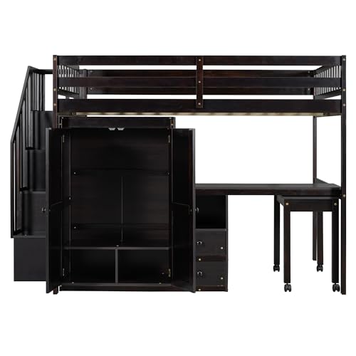 Harper & Bright Designs Twin Size Loft Bed with Stairs and Bookshelf, Wood Twin Storage Bed with Desk & Wardrobe